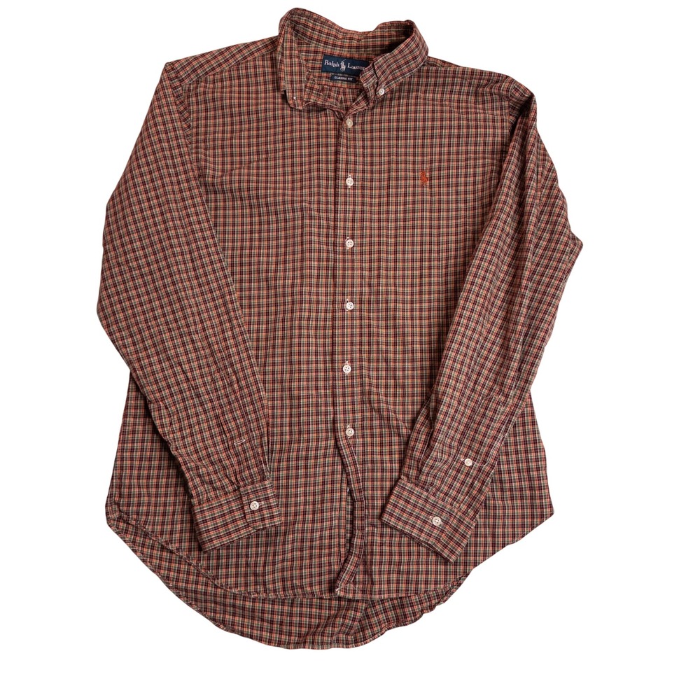 Polo Ralph Lauren Button Down Men L Orange Green Plaid Classic Fit